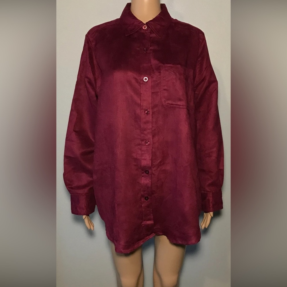 Woman Within Women's Shirt Size M 14/16 Cranberry Button Down Faux Suede Pocket